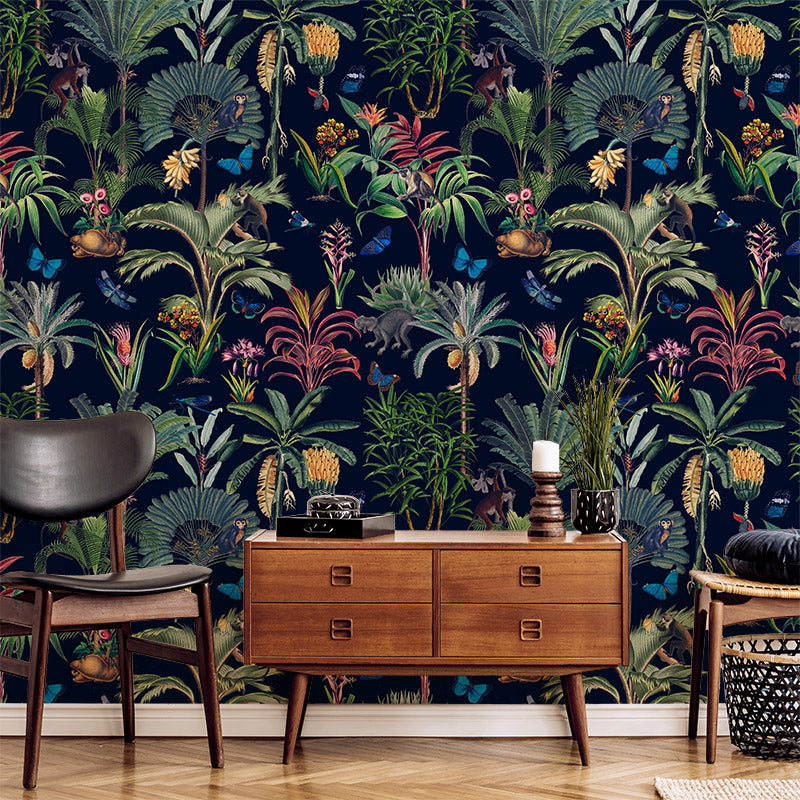 Monkeys and Butterflies in Jungle – Navy Wallpaper