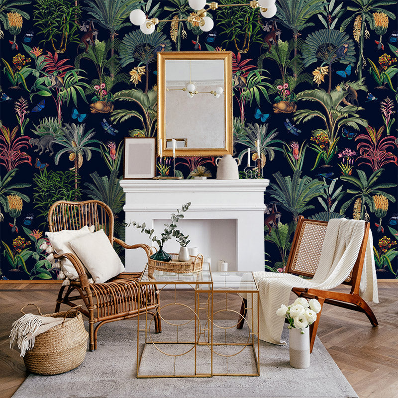 Monkeys and Butterflies in Jungle – Navy Wallpaper