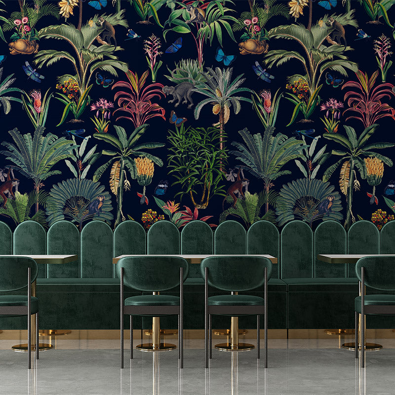Monkeys and Butterflies in Jungle – Navy Wallpaper