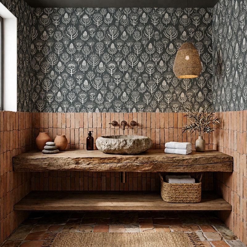 Floral Kingdom- White on Grey Wallpaper