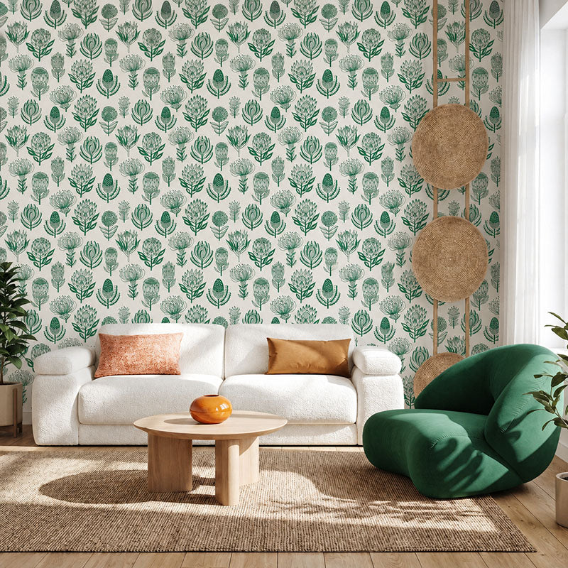 Floral Kingdom- Green on White Wallpaper