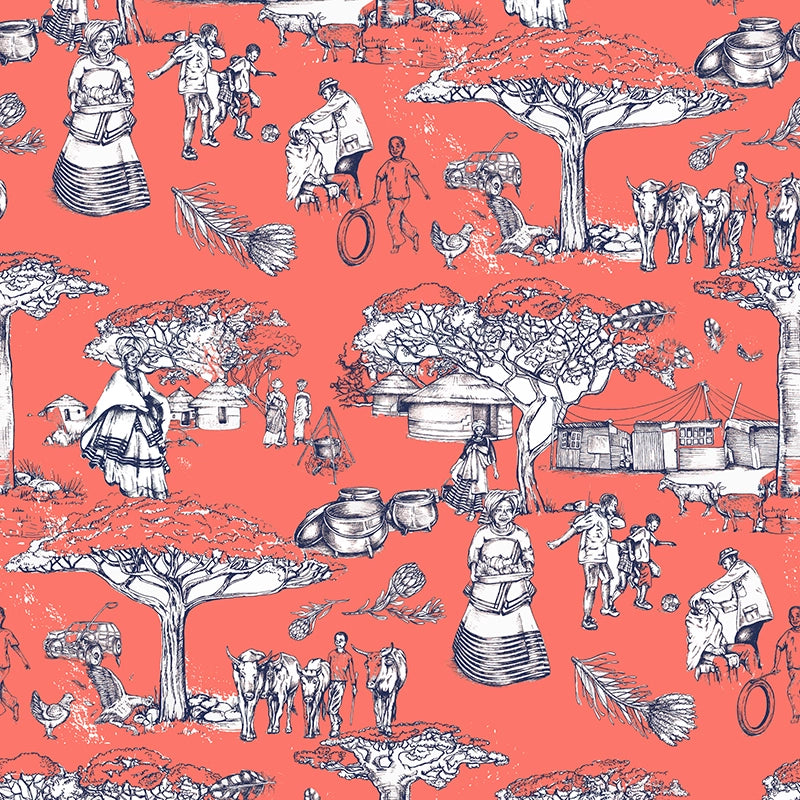 Noluthando Navy & Coral Toile wallpaper
