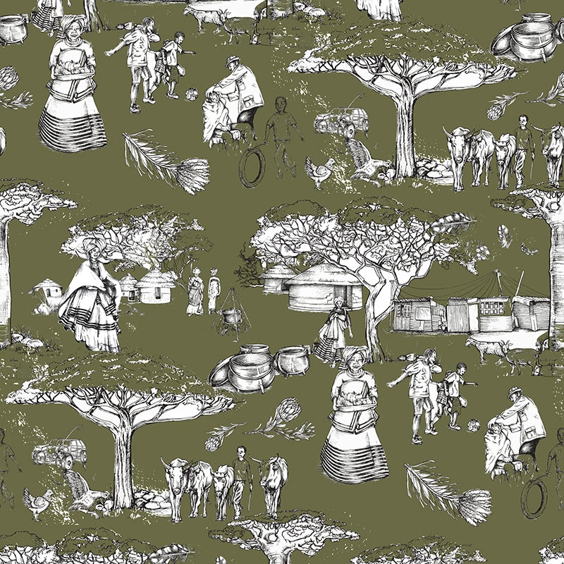 Noluthando Olive Green and White Toile wallpaper