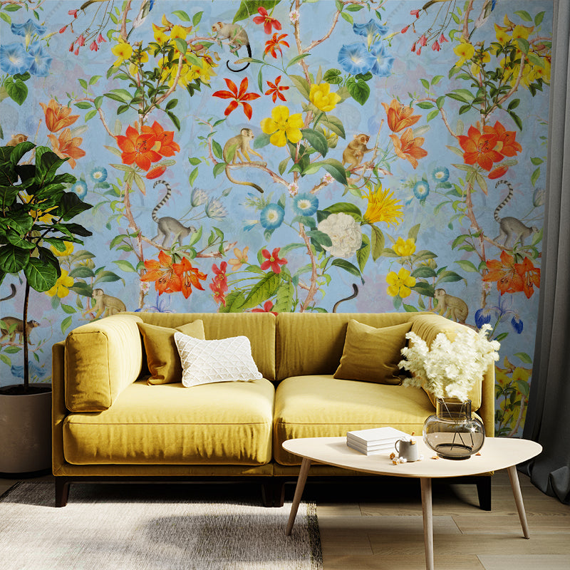 Pastel Tropical Monkey And Flowers Chinoiserie Blue wallpaper