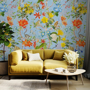 Pastel Tropical Monkey And Flowers Chinoiserie Blue wallpaper