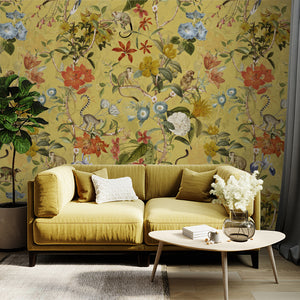 Pastel Tropical Monkey And Flowers Chinoiserie Mustard wallpaper