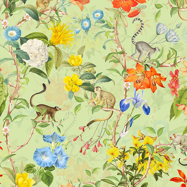 Pastel Tropical Monkey And Flowers Chinoiserie Green wallpaper