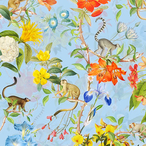 Pastel Tropical Monkey And Flowers Chinoiserie Blue wallpaper