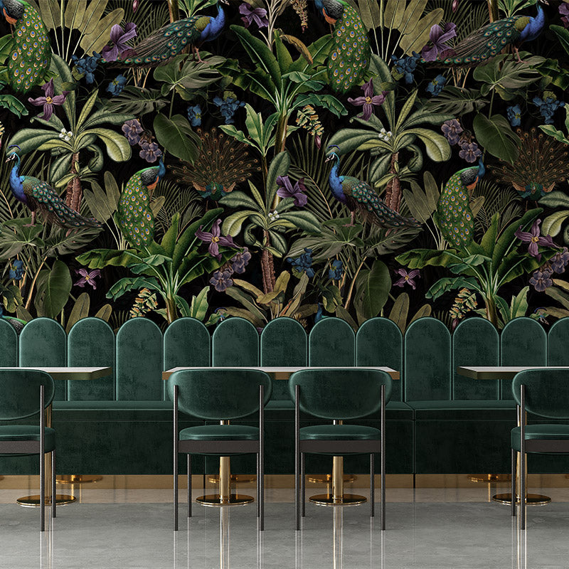 Peacocks and Petals – Black Wallpaper