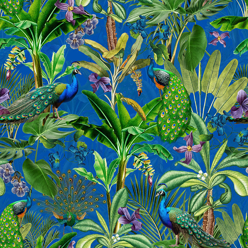 Peacocks and Petals – Blue Wallpaper