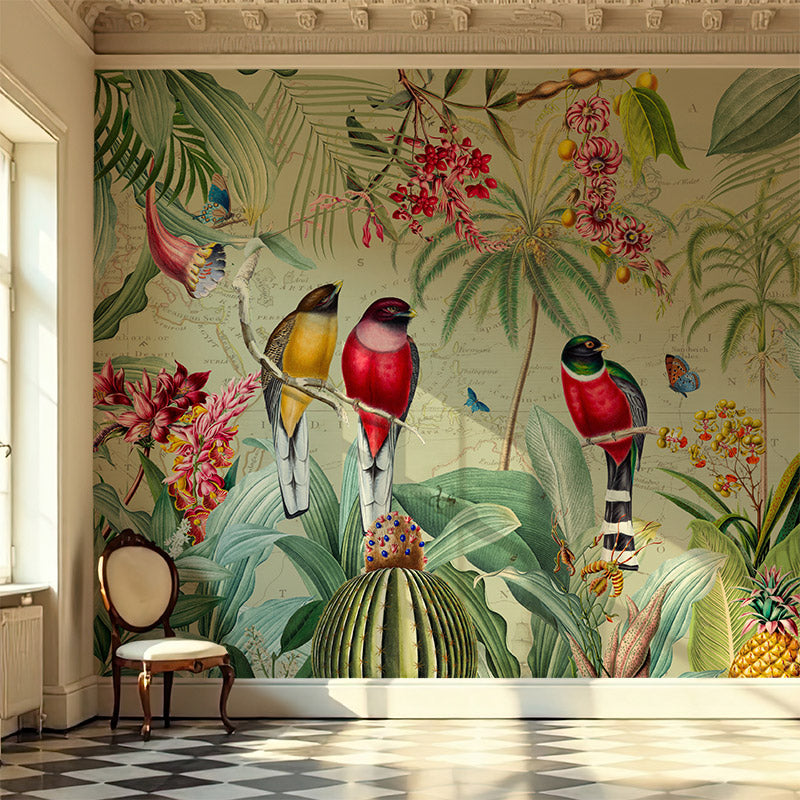 Red Tropical Birds with Fruit and Flowers Wallpaper