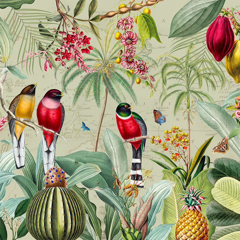 Red Tropical Birds with Fruit and Flowers Wallpaper