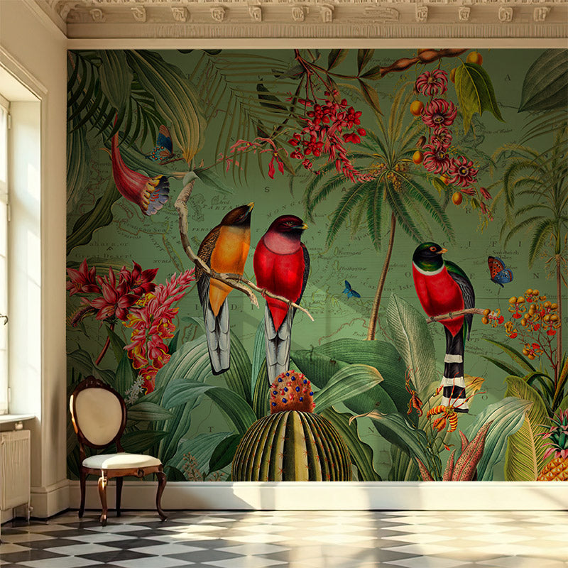 Red Tropical Birds with Fruit and Flowers – Darker Wallpaper