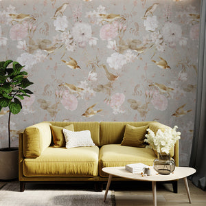 Rocco Vintage Flowers and Birds Garden Grey wallpaper