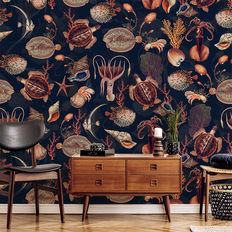 Shells and Sealife – Navy Wallpaper