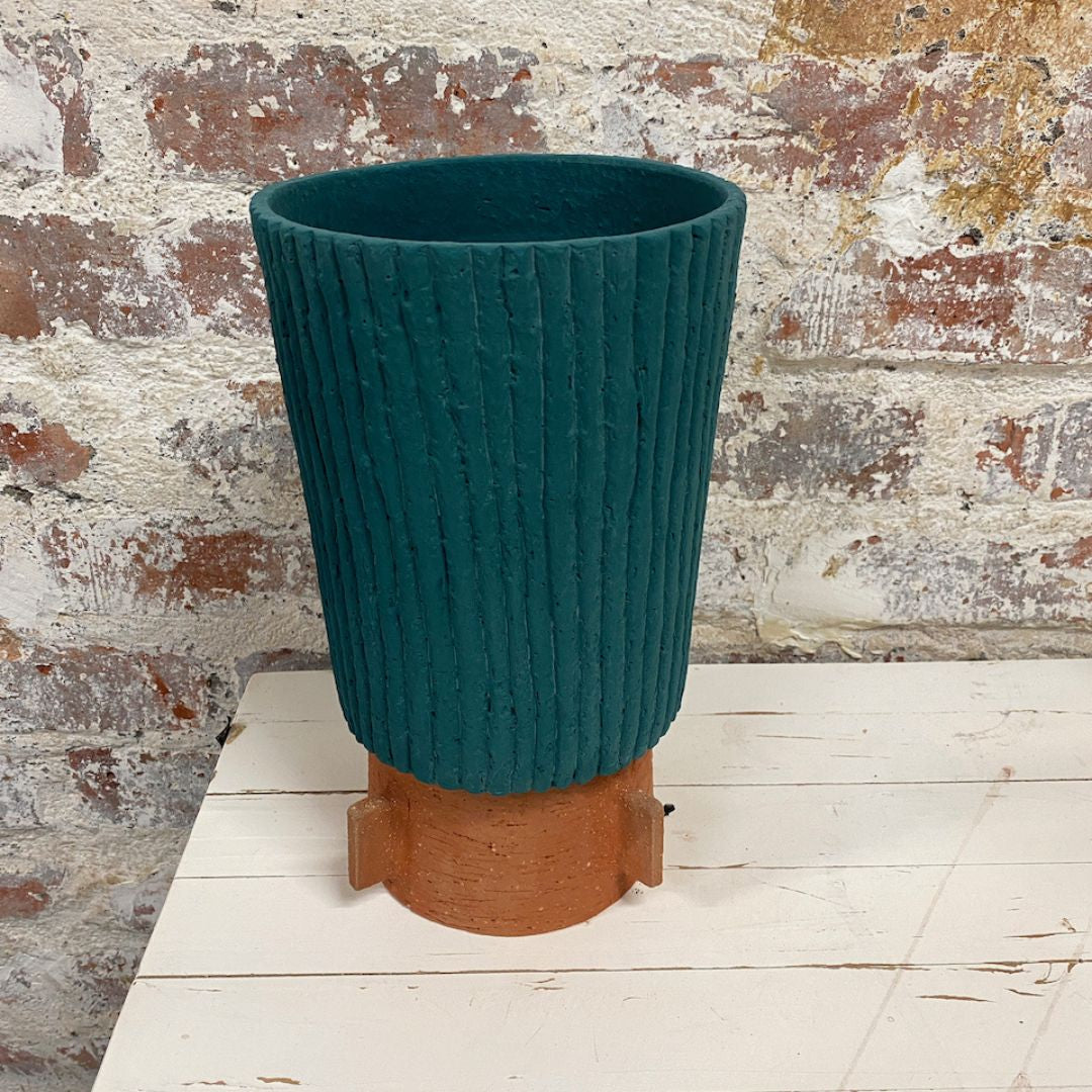 Teal and terracotta vessel with fluting & wings.jpg