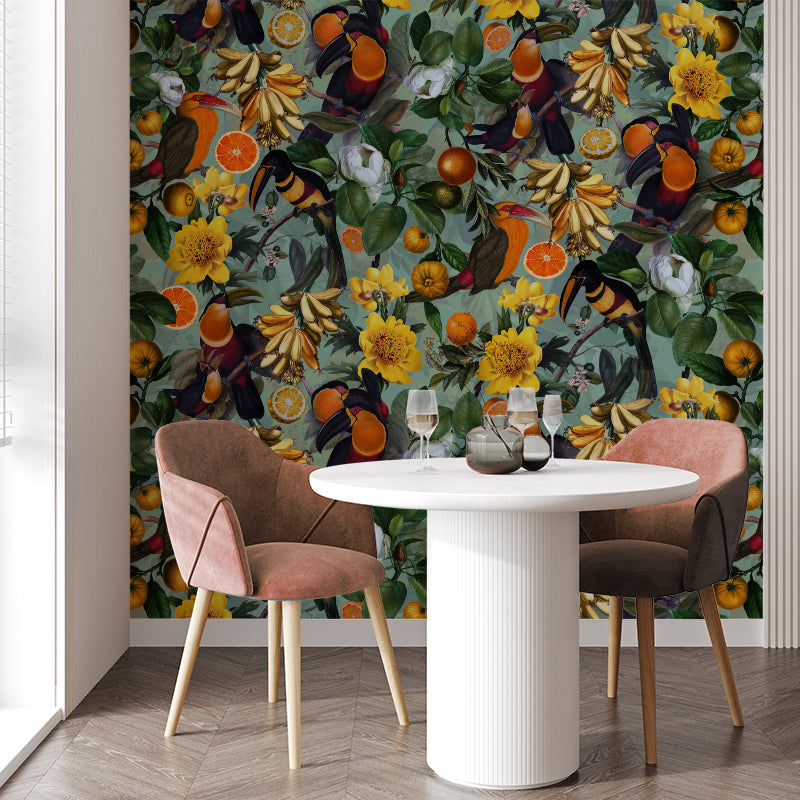 Vintage Toucans and Tropical Fruits Green wallpaper