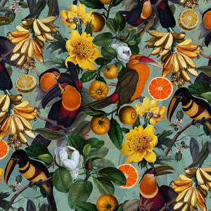 Vintage Toucans and Tropical Fruits Teal wallpaper