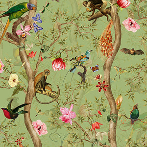 Vintage Birds and Monkeys Chinoiserie Green wallpaper