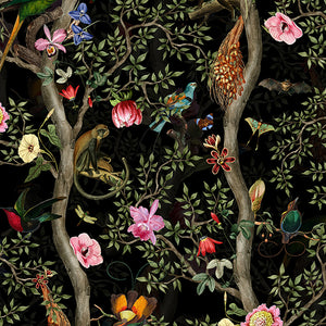 Vintage Birds and Monkeys Chinoiserie Night wallpaper
