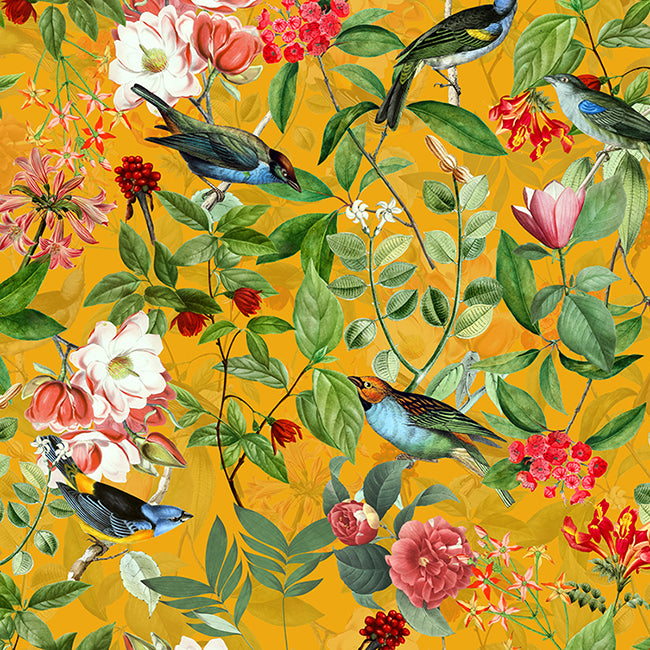 Vintage Sepia Bird and Flower Jungle – Amber wallpaper