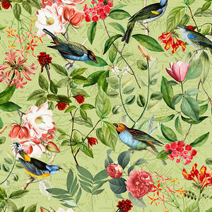 Vintage Sepia Bird and Flower Jungle – Green wallpaper