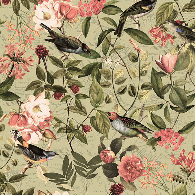 Vintage Sepia Bird and Flower Jungle wallpaper