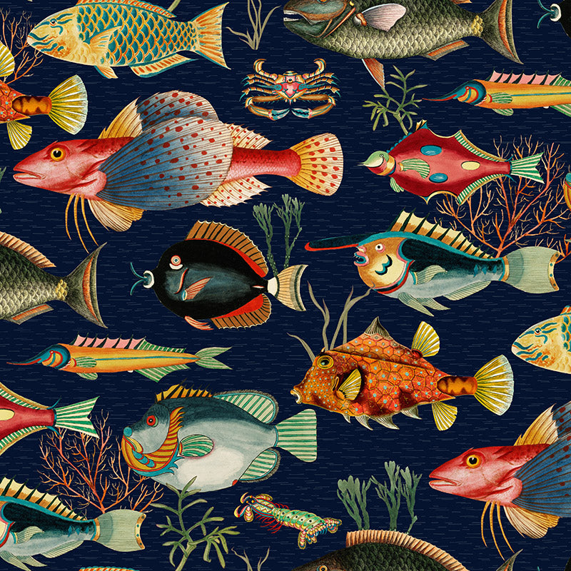 Vintage Fish – Navy Wallpaper