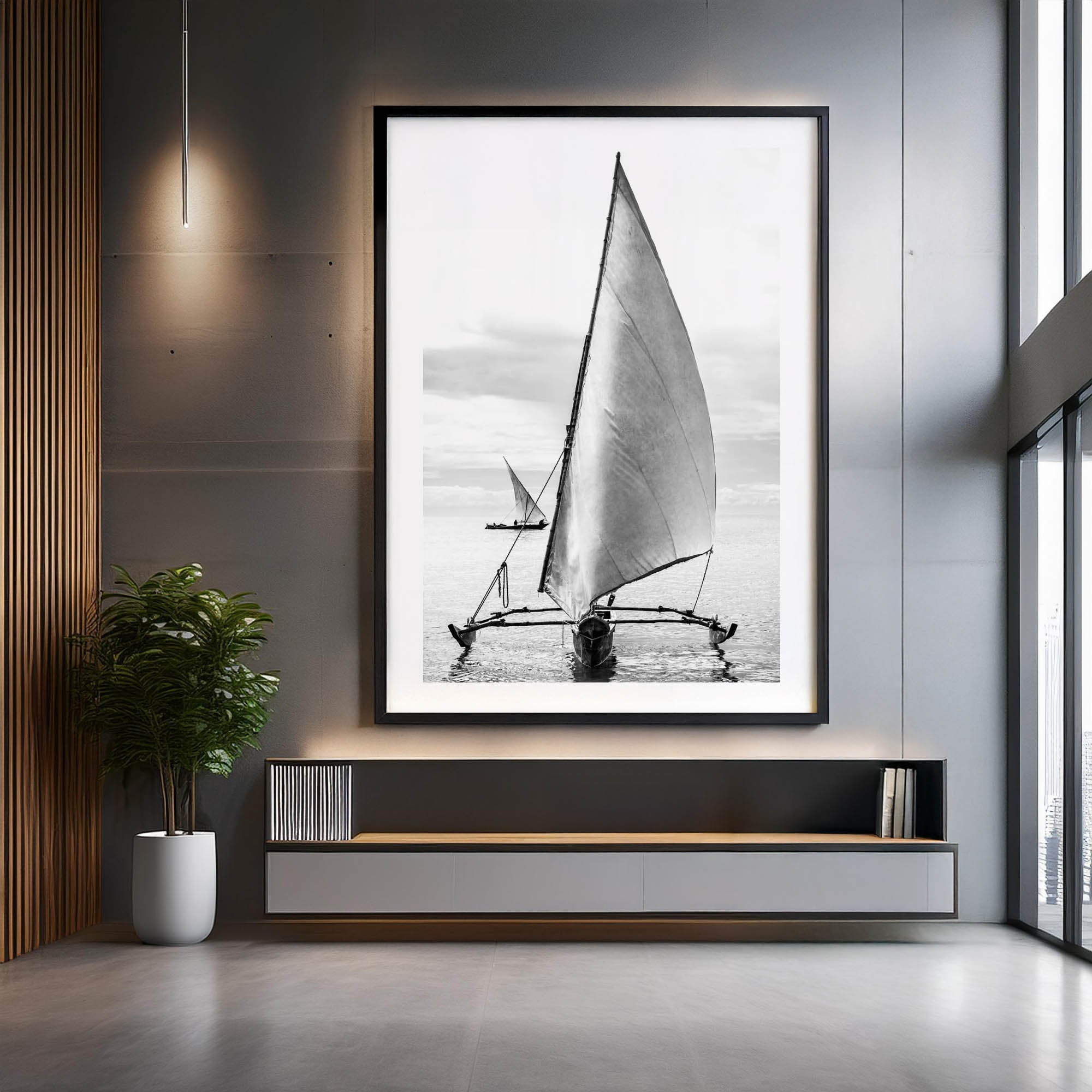 ZAN_03 BY DAVID BALLAM PHOTOGRAPHY. Outrigger, Bububu, Zanzibar. This artwork is from the Asante Sana Collection. It features a typical view of the traditional outrigger boats, or Ngwalas, used by the Swahili people on the spectacular island of Zanzibar, off the coast of Tanzania, southern Africa.