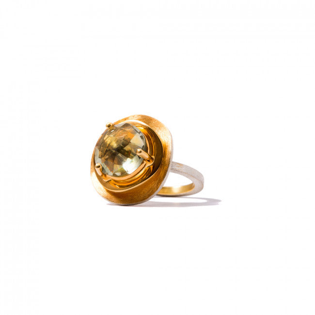 MINI LILY-PAD RING -JEWELRY BY KIRSTEN GOSS . Miniature version of our signature hand crafted ring of 2 contrasting layers set with a faceted green amethyst nestled within its folds. 