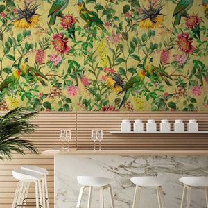 Vintage Parrot Exotic Flower Jungle – Yellow wallpaper