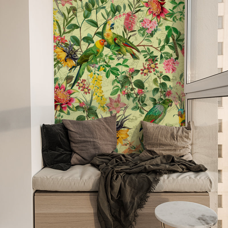 Vintage Parrot Exotic Flower Jungle – Green wallpaper