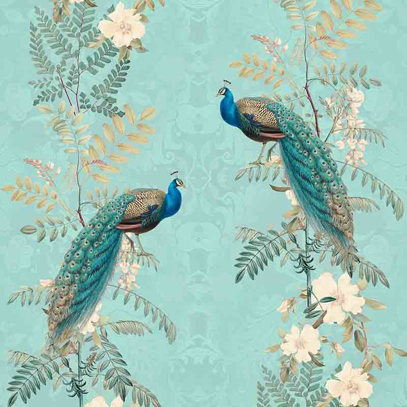 Tailfeather Peacock Designer Flock Wallpaper Blue (300013) - Wallpaper from  I Love Wallpaper UK
