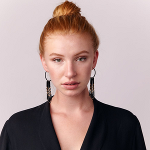 PORCUPINE EARRINGS - BLACK & GOLD BY SIDAI DESIGNS. Bold glass beaded gold fill hoop earrings decorated with 7 x 14K beaded gold fill bars and blocks of 24K gold plated beads.
