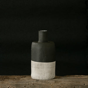 Ceramic bottle sgraffito med smoke wht black.jpg