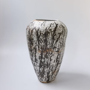 Tall White Stoneware Vessel with Bronze Botanical Pattern