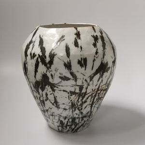 White Stoneware Vessel with Bronze Botanical Pattern