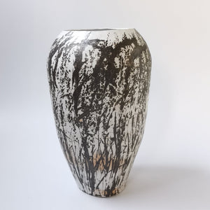 Tall White Stoneware Vessel with Bronze Botanical Pattern