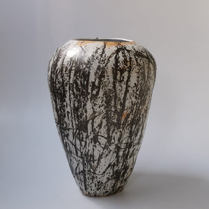 Tall White Stoneware Vessel with Bronze Botanical Pattern