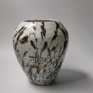 White Stoneware Vessel with Bronze Botanical Pattern