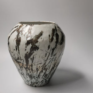 White Stoneware Vessel with Bronze Botanical Pattern