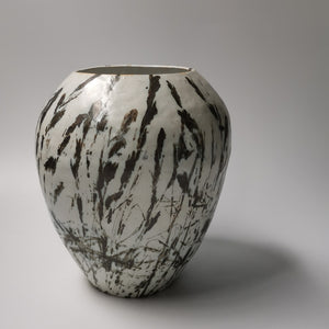 White Stoneware Vessel with Bronze Botanical Pattern