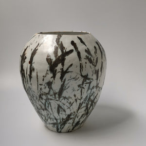 White Stoneware Vessel with Bronze Botanical Pattern