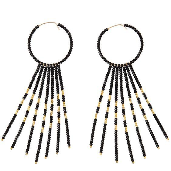 PORCUPINE EARRINGS - BLACK & GOLD BY SIDAI DESIGNS. Bold glass beaded gold fill hoop earrings decorated with 7 x 14K beaded gold fill bars and blocks of 24K gold plated beads.