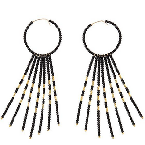 PORCUPINE EARRINGS - BLACK & GOLD BY SIDAI DESIGNS. Bold glass beaded gold fill hoop earrings decorated with 7 x 14K beaded gold fill bars and blocks of 24K gold plated beads.