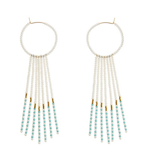 PORCUPINE EARRINGS WHITE, TURQUOISE & GOLD, JEWELRY BY SIDAI DESIGNS. Bold glass beaded gold fill hoop earrings decorated with beaded gold fill bars & blocks of gold plated beads.
