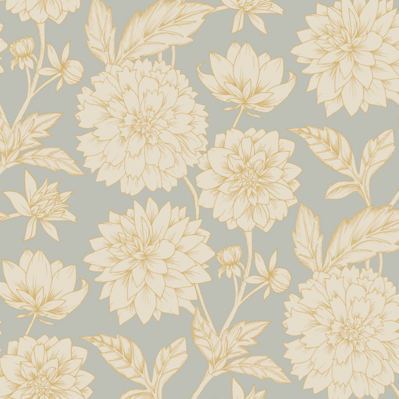 Dahlia Blooms Grey Gold Wallpaper