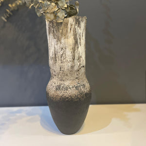 CERAMIC TALL VASE SMOKE WHITE & CHARCOAL WITH KAROO SHALE ROCK IMPRESSION