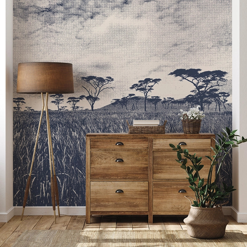 Veld Blue Grey on Natural Wallpaper