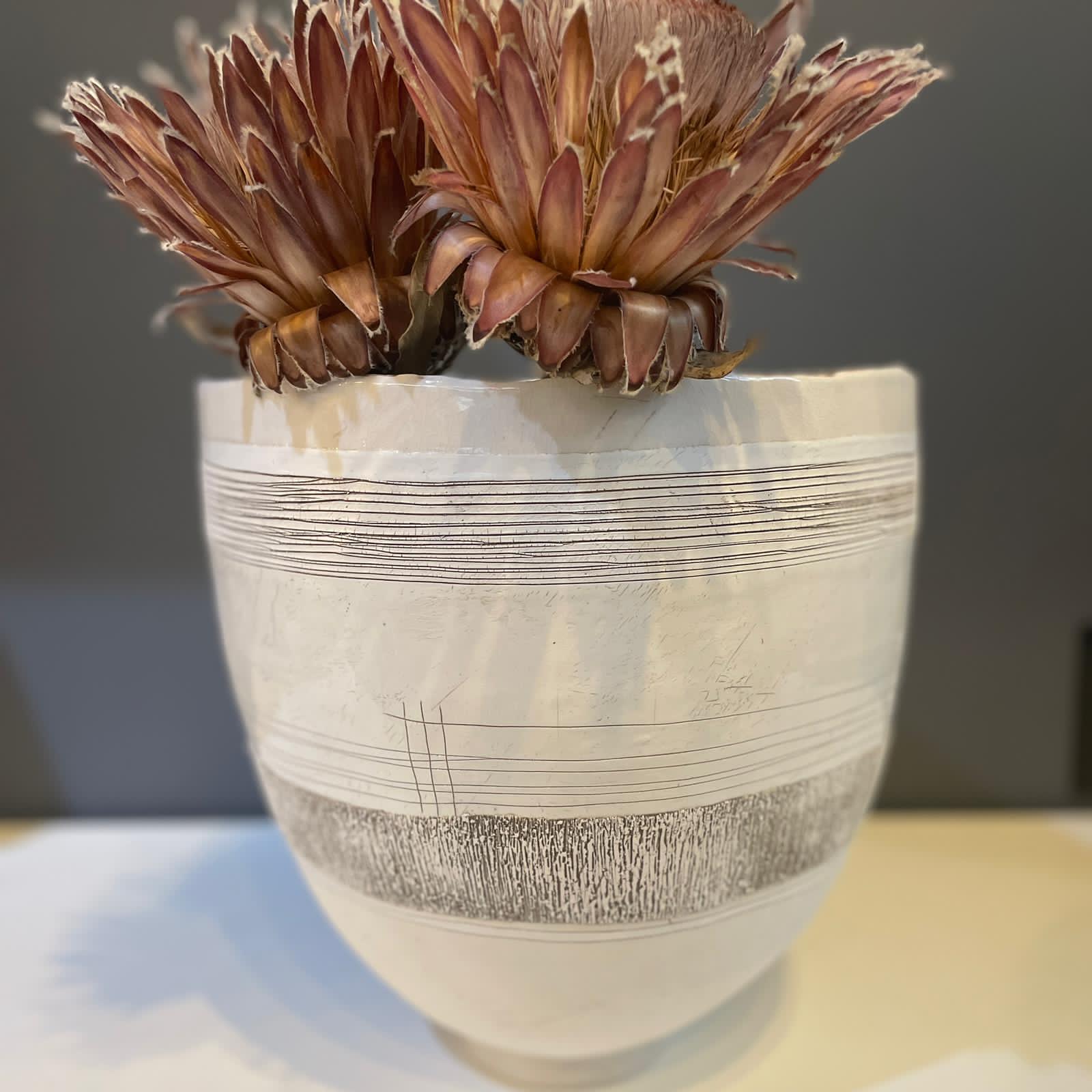 Ceramic large vessel white sgraffito